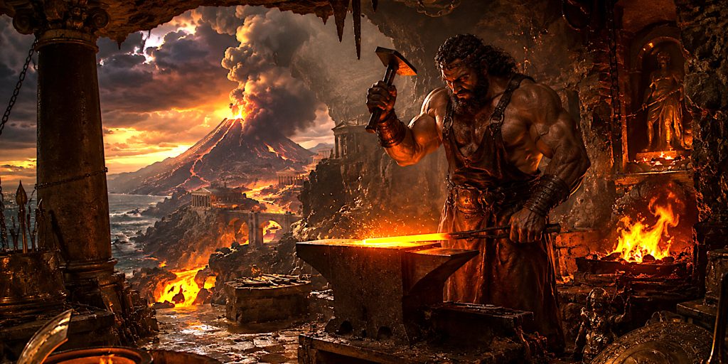 Vulcan hammers iron on his anvil