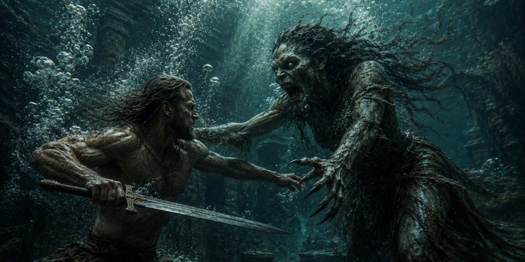 Beowulf Fights Grendels Mother beneath the waves but Hrunting fails