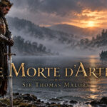Arthur holding a sword beside a misty lake, with a distant boat and ruined castle beneath a dramatic sunset.