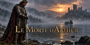 Arthur holding a sword beside a misty lake, with a distant boat and ruined castle beneath a dramatic sunset.