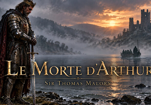 Arthur holding a sword beside a misty lake, with a distant boat and ruined castle beneath a dramatic sunset.