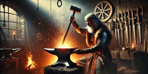 Swordsmith working at forge