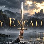 Excalibur held above a misty lake beneath large gold title lettering.