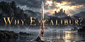 Excalibur held above a misty lake beneath large gold title lettering.