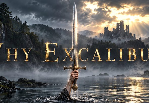 Excalibur held above a misty lake beneath large gold title lettering.