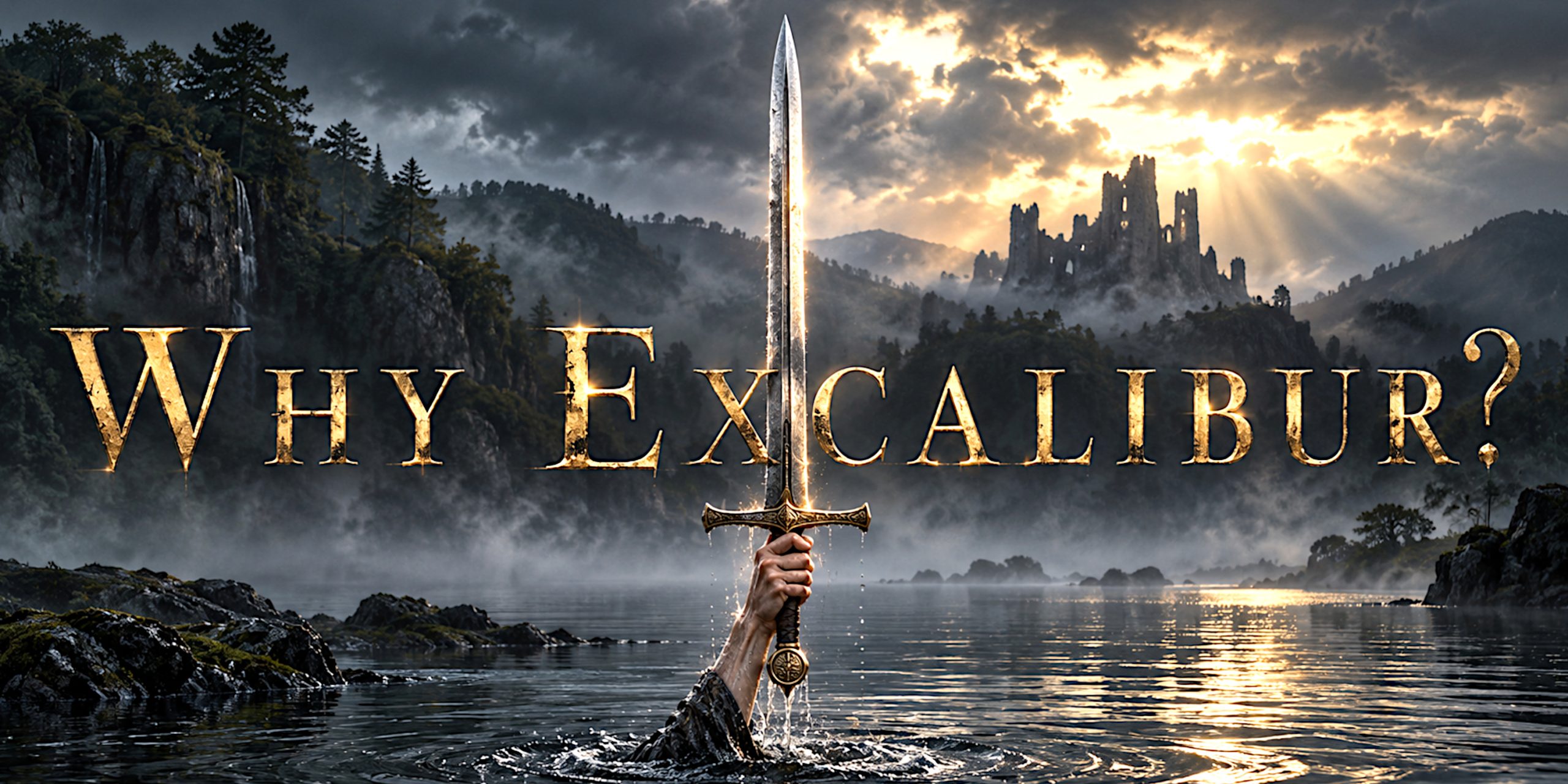 Excalibur held above a misty lake beneath large gold title lettering.