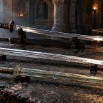 European, Japanese and Chinese swords displayed on a stone table under dramatic lighting