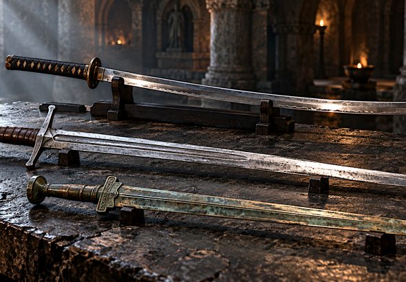 European, Japanese and Chinese swords displayed on a stone table under dramatic lighting