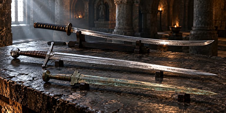 European, Japanese and Chinese swords displayed on a stone table under dramatic lighting
