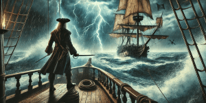 Pirate on ship with cutlass drawn