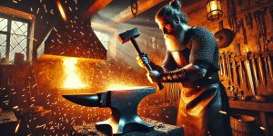 Wayland the smith forging a sword in his smithy