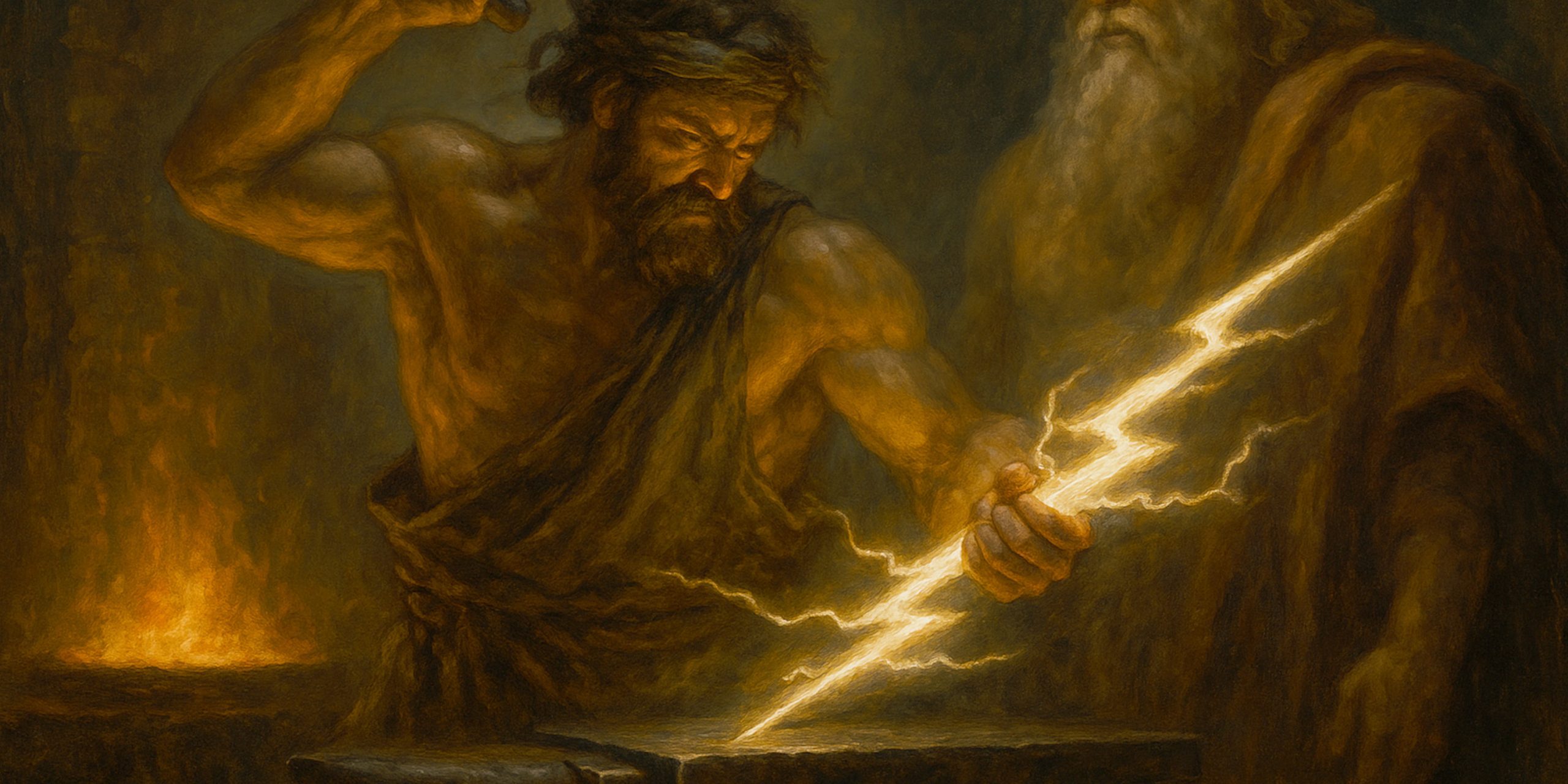 Hephaestus crafting a lightning bolt for Zeus