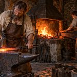 Reconstruction of a medieval bladesmith forging a glowing sword blank beside a charcoal forge.