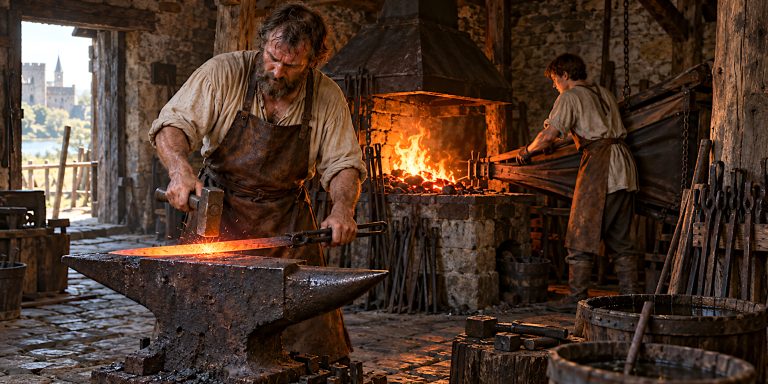 Reconstruction of a medieval bladesmith forging a glowing sword blank beside a charcoal forge.