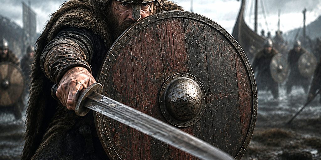 Viking behind shield
