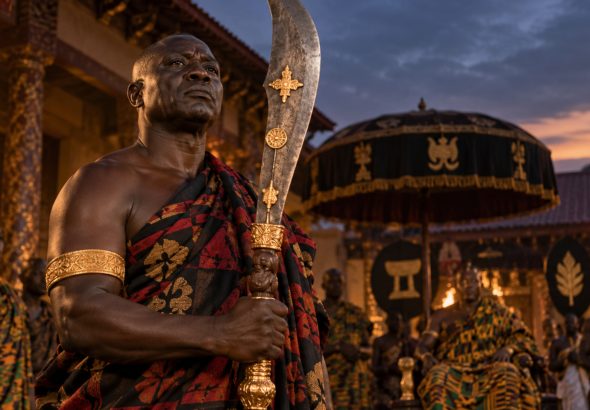Akan Ahenkwa ceremonial sword with broad curved blade and carved wooden hilt