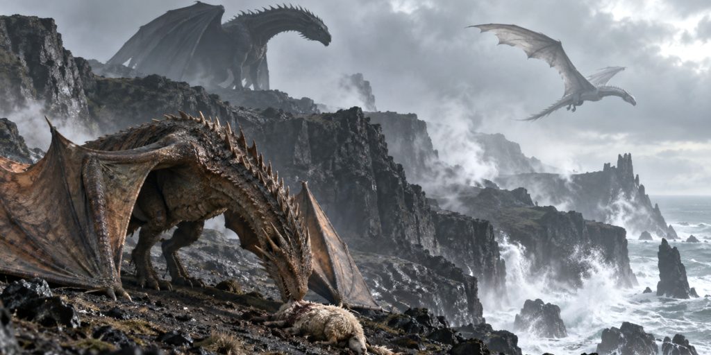 Three Dragons Above Dragonstone's Misty Cliffs