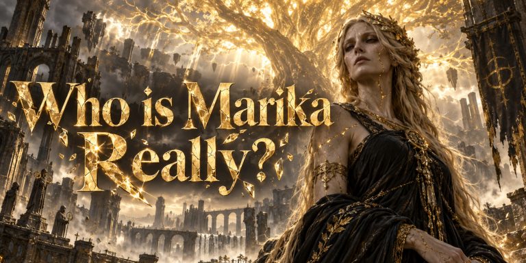Photorealistic interpretation of Queen Marika beneath a glowing Erdtree, with shattered gold lettering reading “Who is Marika Really?”