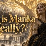 Photorealistic interpretation of Queen Marika beneath a glowing Erdtree, with shattered gold lettering reading “Who is Marika Really?”