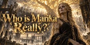 Photorealistic interpretation of Queen Marika beneath a glowing Erdtree, with shattered gold lettering reading “Who is Marika Really?”