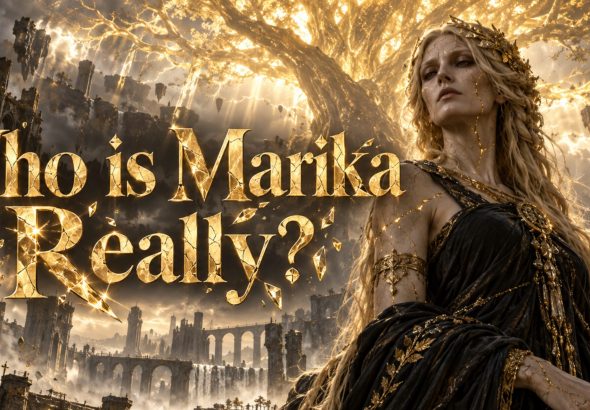 Photorealistic interpretation of Queen Marika beneath a glowing Erdtree, with shattered gold lettering reading “Who is Marika Really?”