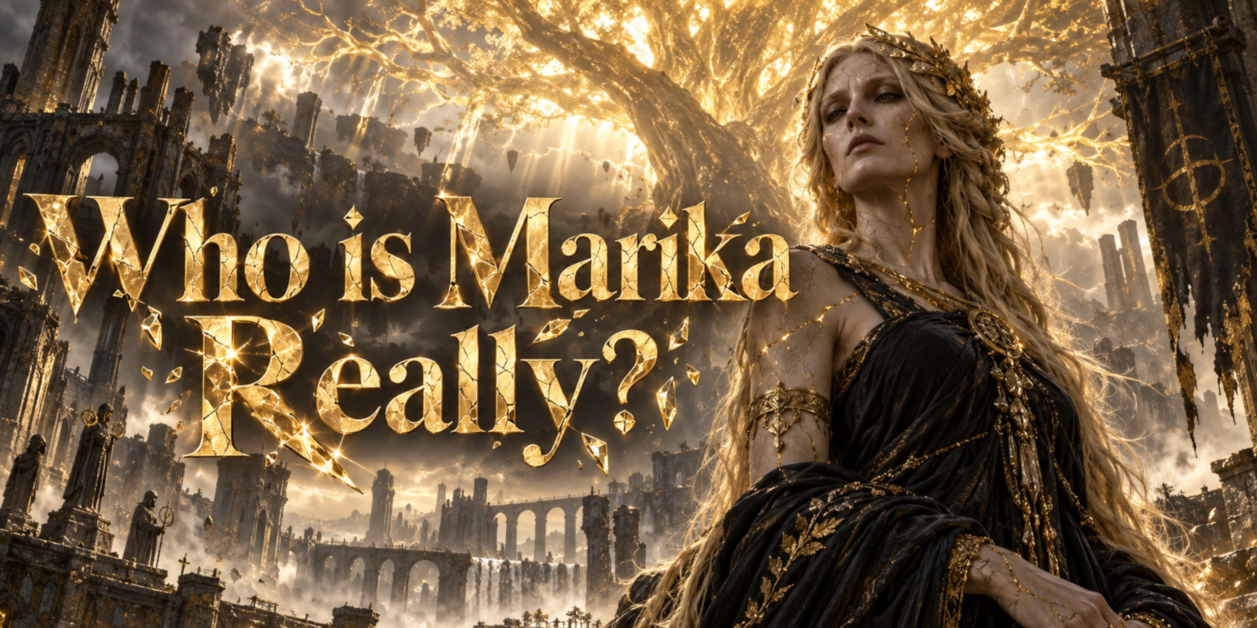 Photorealistic interpretation of Queen Marika beneath a glowing Erdtree, with shattered gold lettering reading “Who is Marika Really?”