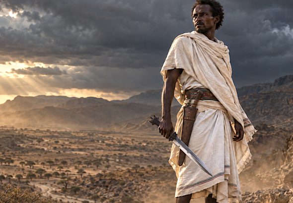 Traditional Somali billao short sword with a broad double-edged blade and three-pointed horn hilt