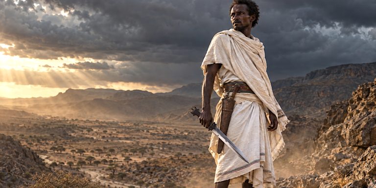 Traditional Somali billao short sword with a broad double-edged blade and three-pointed horn hilt