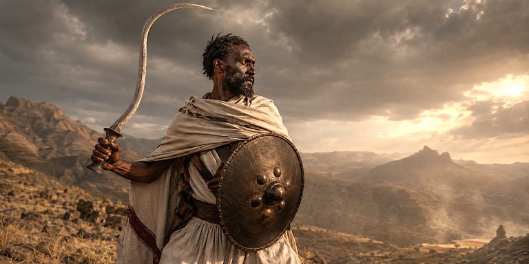 Sunset warrior with a hooked Ethiopian shotel