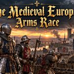 Late medieval men-at-arms, archers and a bombard before a besieged castle beneath a stormy sky