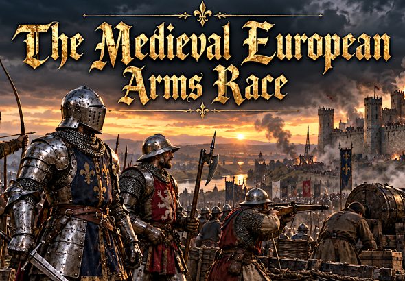 Late medieval men-at-arms, archers and a bombard before a besieged castle beneath a stormy sky