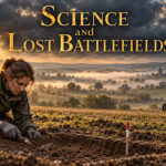 Archaeologists surveying misty farmland beneath the gold title Science and Lost Battlefields.