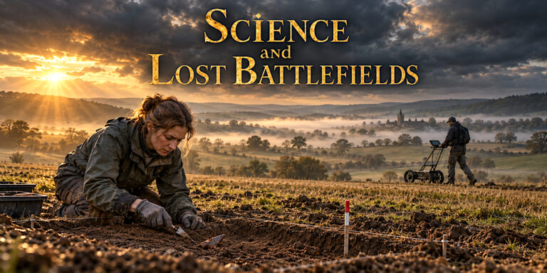 Archaeologists surveying misty farmland beneath the gold title Science and Lost Battlefields.