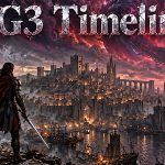 A lone adventurer looks towards Baldur’s Gate as a nautiloid ship crosses a stormy sky, with “BG3 Timeline” in shattered-glass lettering