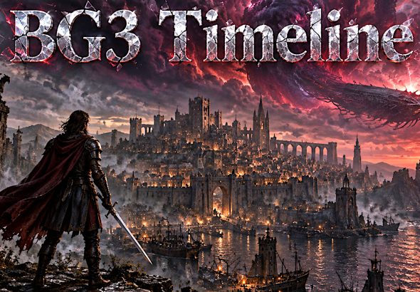 A lone adventurer looks towards Baldur’s Gate as a nautiloid ship crosses a stormy sky, with “BG3 Timeline” in shattered-glass lettering