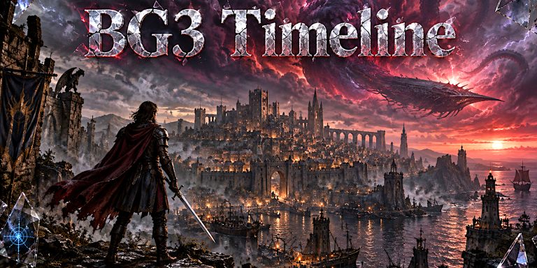 A lone adventurer looks towards Baldur’s Gate as a nautiloid ship crosses a stormy sky, with “BG3 Timeline” in shattered-glass lettering