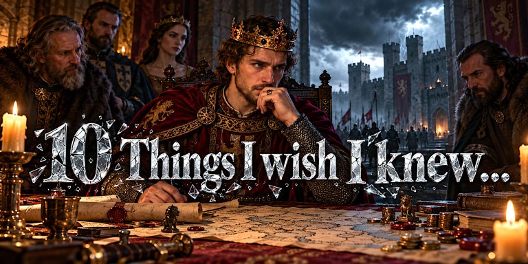 A medieval monarch studies a council map beneath shattered-glass lettering reading “10 Things I wish I knew...”