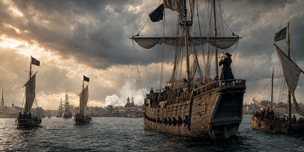 Blackbeard's flotilla blockades Charles Town