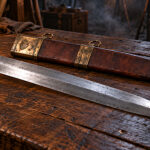 Reconstructed Fulham-type Roman gladius and scabbard on a wooden table
