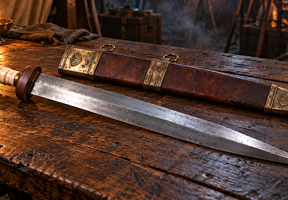 Reconstructed Fulham-type Roman gladius and scabbard on a wooden table
