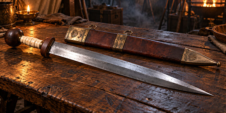 Reconstructed Fulham-type Roman gladius and scabbard on a wooden table
