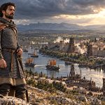 Historical reconstruction of Raymond Berengar IV in mail armour overlooking Tortosa and the River Ebro during the 1148 siege.