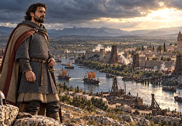 Historical reconstruction of Raymond Berengar IV in mail armour overlooking Tortosa and the River Ebro during the 1148 siege.