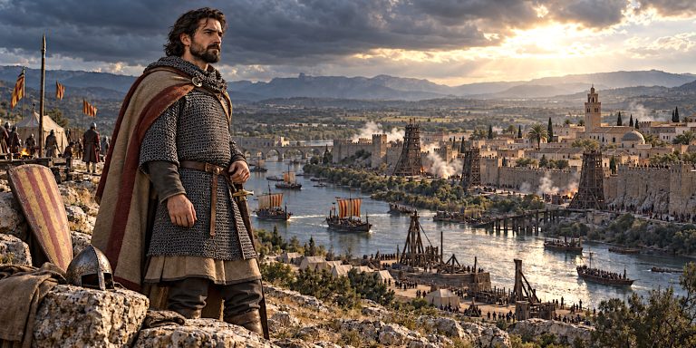 Historical reconstruction of Raymond Berengar IV in mail armour overlooking Tortosa and the River Ebro during the 1148 siege.