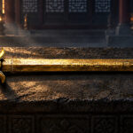 Reconstruction of a Korean Samingeom with constellation inlay beside a dark scabbard in a candlelit palace