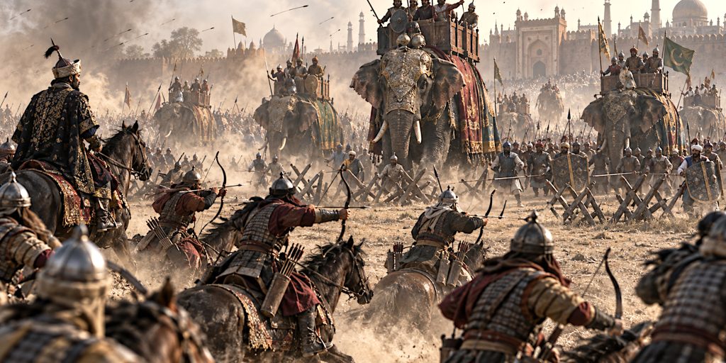 Timurid Archers Face Delhi War Elephants