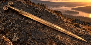 A modern reconstruction illustrating a European bronze antenna sword. Blade and hilt forms varied between regional types.