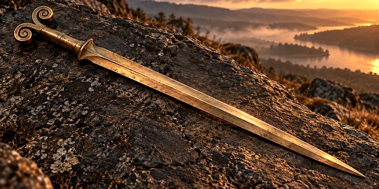 A modern reconstruction illustrating a European bronze antenna sword. Blade and hilt forms varied between regional types.