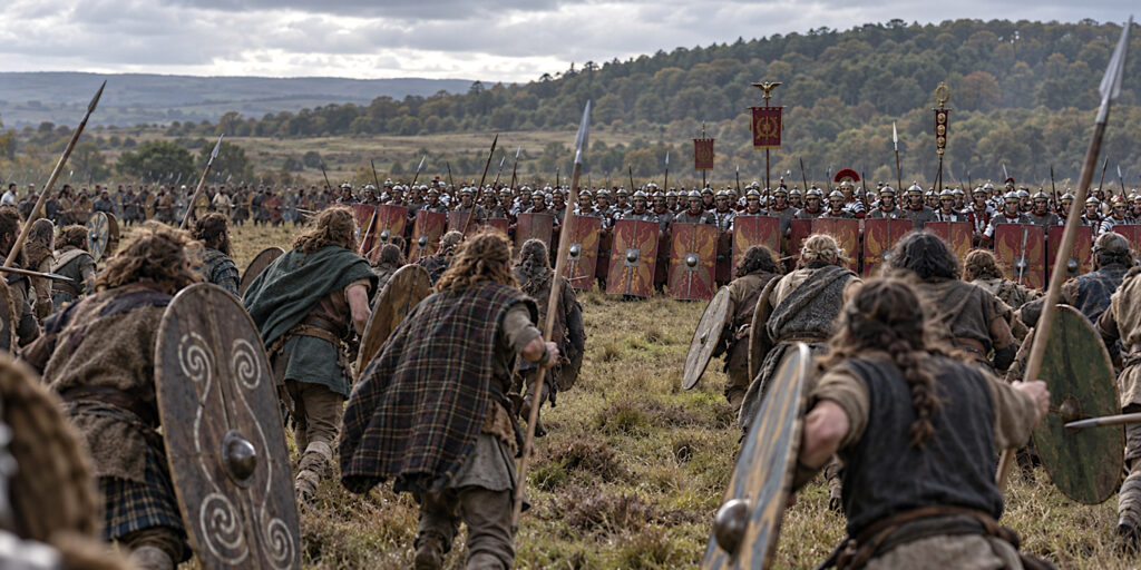 Brittonic warriors approaching the Roman battle line