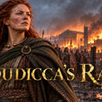 Imagined reconstruction of Boudica overlooking a burning Roman settlement.